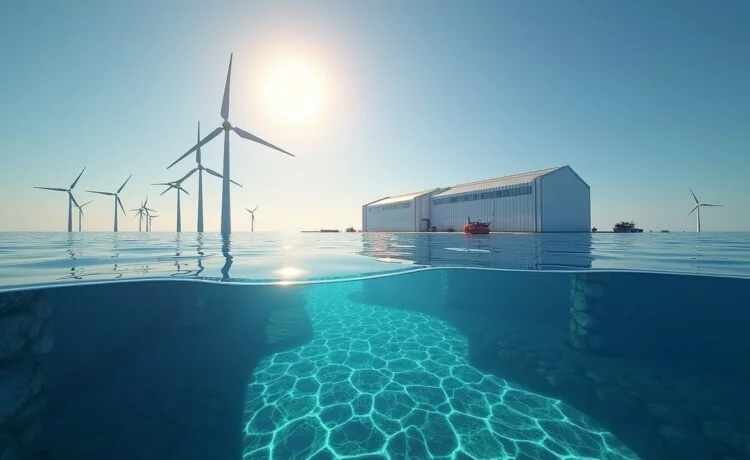 Strahlend beleuchtetes, modernes Unterwasser-Rechenzentrum in kristallklarem blauen Meer mit sanft schimmernden Offshore-Windturbinen im Hintergrund, das durch warme Sonnenstrahlen und realistische Details eine zukunftsweisende, nachhaltige IT-Innovation in harmonischer Verbindung von Technik und Natur ausstrahlt.