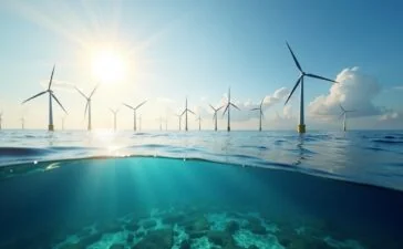 Ein strahlend sonniger Morgen über einer friedlichen Nordseeküste, wo elegante Offshore-Windkraftanlagen sanft im Wind rotieren und unter klarer, blauer Wasseroberfläche moderne, modulförmige Unterwasser-Rechenzentren in kristallklarem Meer ruhen, umgeben von lebendigem Meeresleben und durch warmes, natürliches Licht in ein harmonisches Zusammenspiel von Technologie und nachhaltiger Energie getaucht.