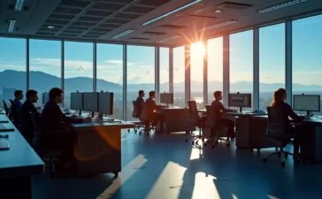 Ein hell erleuchtetes, modernes Satellitenkontrollzentrum mit freundlichen Mitarbeitenden, die konzentriert vor großen Bildschirmen arbeiten, während durch große Fenster die strahlende Sonne und ein klarer Himmel sichtbar sind – eine Atmosphäre voller Zuversicht und technischer Innovation in der weltweiten Kommunikation.