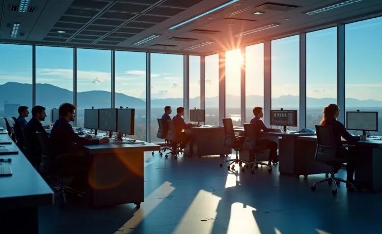 Ein hell erleuchtetes, modernes Satellitenkontrollzentrum mit freundlichen Mitarbeitenden, die konzentriert vor großen Bildschirmen arbeiten, während durch große Fenster die strahlende Sonne und ein klarer Himmel sichtbar sind – eine Atmosphäre voller Zuversicht und technischer Innovation in der weltweiten Kommunikation.