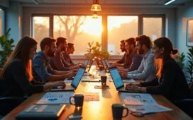 Ein warm ausgeleuchtetes, modernes Büro mit einem nachdenklichen Team aus vielfältigen Fachleuten, die um einen großen Tisch mit Laptops und digitalen Grafiken versammelt sind, während sanftes Tageslicht durch große Fenster fällt und eine Atmosphäre von verantwortungsvoller Zusammenarbeit und technischer Herausforderung schafft.