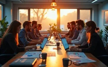 Ein warm ausgeleuchtetes, modernes Büro mit einem nachdenklichen Team aus vielfältigen Fachleuten, die um einen großen Tisch mit Laptops und digitalen Grafiken versammelt sind, während sanftes Tageslicht durch große Fenster fällt und eine Atmosphäre von verantwortungsvoller Zusammenarbeit und technischer Herausforderung schafft.