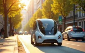 Ein strahlend sonnendurchflutetes Stadtbild mit einem modernen, eleganten Waymo-Robotaxi, das sicher und ruhig durch eine belebte Straße fährt, umgeben von freundlichen Passanten und hellgrünen Bäumen, die Vertrauen und technologische Fortschrittlichkeit in der urbanen Mobilität ausstrahlen.