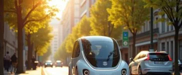 Ein strahlend sonnendurchflutetes Stadtbild mit einem modernen, eleganten Waymo-Robotaxi, das sicher und ruhig durch eine belebte Straße fährt, umgeben von freundlichen Passanten und hellgrünen Bäumen, die Vertrauen und technologische Fortschrittlichkeit in der urbanen Mobilität ausstrahlen.