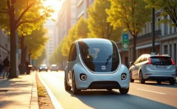 Ein strahlend sonnendurchflutetes Stadtbild mit einem modernen, eleganten Waymo-Robotaxi, das sicher und ruhig durch eine belebte Straße fährt, umgeben von freundlichen Passanten und hellgrünen Bäumen, die Vertrauen und technologische Fortschrittlichkeit in der urbanen Mobilität ausstrahlen.