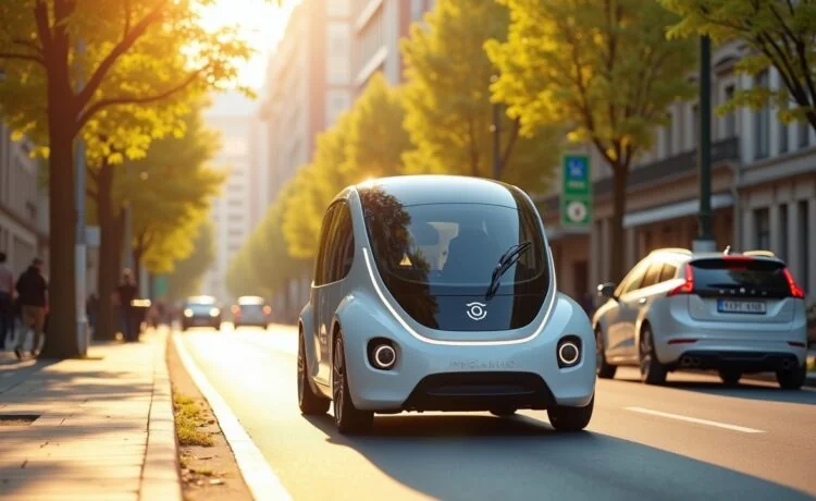 Ein strahlend sonnendurchflutetes Stadtbild mit einem modernen, eleganten Waymo-Robotaxi, das sicher und ruhig durch eine belebte Straße fährt, umgeben von freundlichen Passanten und hellgrünen Bäumen, die Vertrauen und technologische Fortschrittlichkeit in der urbanen Mobilität ausstrahlen.