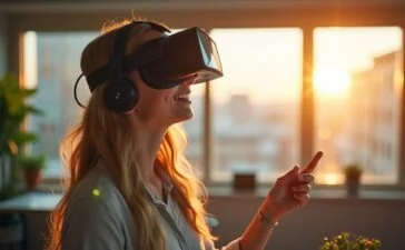 In einem hell erleuchteten, modernen Büro strahlt eine freundliche Atmosphäre, während eine junge Frau mit VR-Headset fasziniert in eine virtuelle Welt eintaucht, umgeben von natürlichem Licht und hochwertigen technischen Details, die den Innovationsgeist und die lebendige Dynamik der Virtual-Reality-Technologie einfühlsam widerspiegeln.