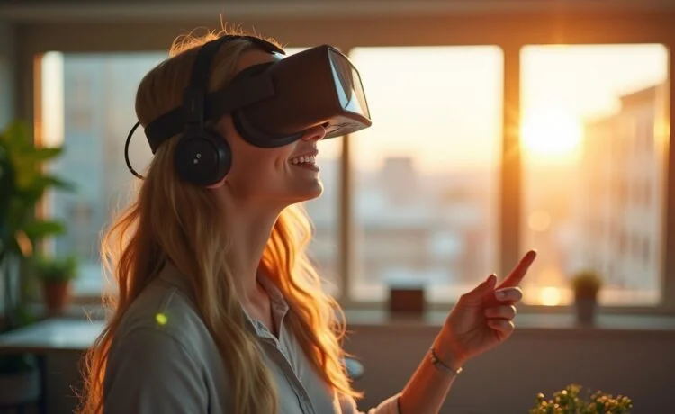 In einem hell erleuchteten, modernen Büro strahlt eine freundliche Atmosphäre, während eine junge Frau mit VR-Headset fasziniert in eine virtuelle Welt eintaucht, umgeben von natürlichem Licht und hochwertigen technischen Details, die den Innovationsgeist und die lebendige Dynamik der Virtual-Reality-Technologie einfühlsam widerspiegeln.