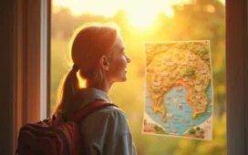 Eine strahlend helle, natürlich beleuchtete Szene zeigt eine junge Reisende mit leichtem Rucksack, die lächelnd auf einer lebhaften, realistisch gestalteten Landkarte voller faszinierender, aber leicht verschwommener Reiseziele blickt, während die warme Morgensonne durch ein offenes Fenster fällt und eine freundliche, optimistische Atmosphäre von Neugier und digitaler Entdeckungsfreude schafft.
