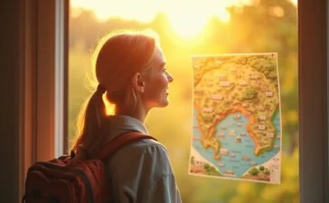 Eine strahlend helle, natürlich beleuchtete Szene zeigt eine junge Reisende mit leichtem Rucksack, die lächelnd auf einer lebhaften, realistisch gestalteten Landkarte voller faszinierender, aber leicht verschwommener Reiseziele blickt, während die warme Morgensonne durch ein offenes Fenster fällt und eine freundliche, optimistische Atmosphäre von Neugier und digitaler Entdeckungsfreude schafft.
