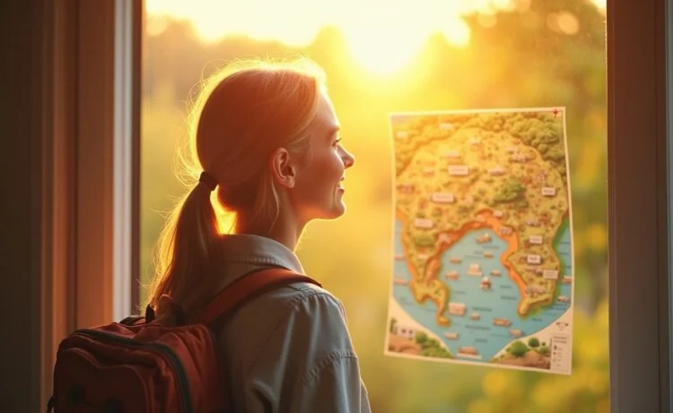 Eine strahlend helle, natürlich beleuchtete Szene zeigt eine junge Reisende mit leichtem Rucksack, die lächelnd auf einer lebhaften, realistisch gestalteten Landkarte voller faszinierender, aber leicht verschwommener Reiseziele blickt, während die warme Morgensonne durch ein offenes Fenster fällt und eine freundliche, optimistische Atmosphäre von Neugier und digitaler Entdeckungsfreude schafft.