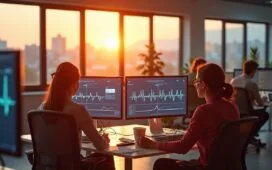 Ein hell erleuchtetes, modernes Büro mit einer jungen Ärztin und einem Entwicklerteam, die entspannt vor Bildschirmen mit Herzfrequenzdaten und Diagrammen sitzen, während warmes Sonnenlicht durch große Fenster fällt und eine Atmosphäre von Hoffnung, Fortschritt und lebendiger Zusammenarbeit in der Herzinfarktprävention schafft.