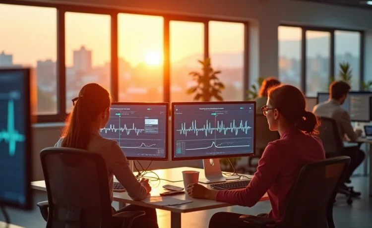 Ein hell erleuchtetes, modernes Büro mit einer jungen Ärztin und einem Entwicklerteam, die entspannt vor Bildschirmen mit Herzfrequenzdaten und Diagrammen sitzen, während warmes Sonnenlicht durch große Fenster fällt und eine Atmosphäre von Hoffnung, Fortschritt und lebendiger Zusammenarbeit in der Herzinfarktprävention schafft.