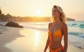 Eine strahlend helle, natürliche Aufnahme einer lächelnden jungen Person im sommerlichen Outfit, die entspannt barfuß im feinen Sand an einem türkisblauen Strand steht, während sanfte Sonnenstrahlen die Szenerie in warmes Licht tauchen und im Hintergrund ein malerischer Sonnenuntergang mit lebhaften Farben den Horizont küsst – ein einladendes Bild, das die Magie virtueller Traumurlaube mit KI-Technologie spürbar macht.