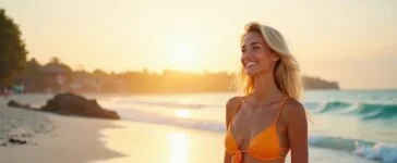 Eine strahlend helle, natürliche Aufnahme einer lächelnden jungen Person im sommerlichen Outfit, die entspannt barfuß im feinen Sand an einem türkisblauen Strand steht, während sanfte Sonnenstrahlen die Szenerie in warmes Licht tauchen und im Hintergrund ein malerischer Sonnenuntergang mit lebhaften Farben den Horizont küsst – ein einladendes Bild, das die Magie virtueller Traumurlaube mit KI-Technologie spürbar macht.