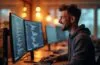 Ein hell erleuchtetes Büro mit einem freundlichen Entwickler, der konzentriert vor mehreren modernen Monitoren arbeitet, umgeben von warmem Tageslicht und lebendigen Details, die Fortschritt, Kreativität und die Zukunft der Softwareentwicklung mit Visual Studio 2026 ausstrahlen.