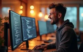 Ein hell erleuchtetes Büro mit einem freundlichen Entwickler, der konzentriert vor mehreren modernen Monitoren arbeitet, umgeben von warmem Tageslicht und lebendigen Details, die Fortschritt, Kreativität und die Zukunft der Softwareentwicklung mit Visual Studio 2026 ausstrahlen.