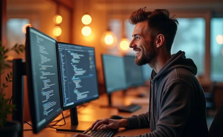 Ein hell erleuchtetes Büro mit einem freundlichen Entwickler, der konzentriert vor mehreren modernen Monitoren arbeitet, umgeben von warmem Tageslicht und lebendigen Details, die Fortschritt, Kreativität und die Zukunft der Softwareentwicklung mit Visual Studio 2026 ausstrahlen.