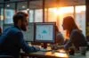 Ein hell erleuchtetes, modernes Büro mit Fokus auf konzentrierte IT-Sicherheitsexperten, die gemeinsam an Bildschirmen mit komplexen Cloud-Daten und Dashboard-Analysen arbeiten, während warmes Tageslicht durch große Fenster fällt und eine Atmosphäre von Ernsthaftigkeit und vertrauensvoller Zusammenarbeit schafft.