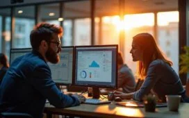 Ein hell erleuchtetes, modernes Büro mit Fokus auf konzentrierte IT-Sicherheitsexperten, die gemeinsam an Bildschirmen mit komplexen Cloud-Daten und Dashboard-Analysen arbeiten, während warmes Tageslicht durch große Fenster fällt und eine Atmosphäre von Ernsthaftigkeit und vertrauensvoller Zusammenarbeit schafft.