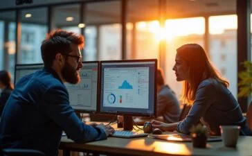 Ein hell erleuchtetes, modernes Büro mit Fokus auf konzentrierte IT-Sicherheitsexperten, die gemeinsam an Bildschirmen mit komplexen Cloud-Daten und Dashboard-Analysen arbeiten, während warmes Tageslicht durch große Fenster fällt und eine Atmosphäre von Ernsthaftigkeit und vertrauensvoller Zusammenarbeit schafft.