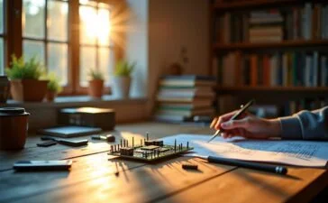 Ein warm ausgeleuchteter Arbeitsplatz mit einem modernen Mikrocontroller-Board, umgeben von Technikbüchern und Werkzeugen, in dem natürliches Licht sanft durch ein Fenster fällt und die Zukunft der vernetzten Entwicklung in einer einladenden Atmosphäre widerspiegelt.