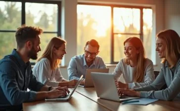 Ein sonnendurchflutetes, modernes Büro mit einem engagiert lächelnden Team, das an Laptops und Tablets zusammenarbeitet, während im Hintergrund große Fenster angenehmes Tageslicht auf die zeitgemäße Technologie und digitale Bildschirme werfen – Sinnbild für die harmonische Kollaboration von Menschen und fortschrittlichen KI-Agenten in der Arbeitswelt von morgen.