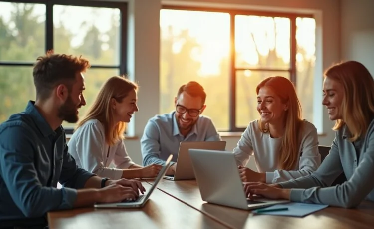 Ein sonnendurchflutetes, modernes Büro mit einem engagiert lächelnden Team, das an Laptops und Tablets zusammenarbeitet, während im Hintergrund große Fenster angenehmes Tageslicht auf die zeitgemäße Technologie und digitale Bildschirme werfen – Sinnbild für die harmonische Kollaboration von Menschen und fortschrittlichen KI-Agenten in der Arbeitswelt von morgen.