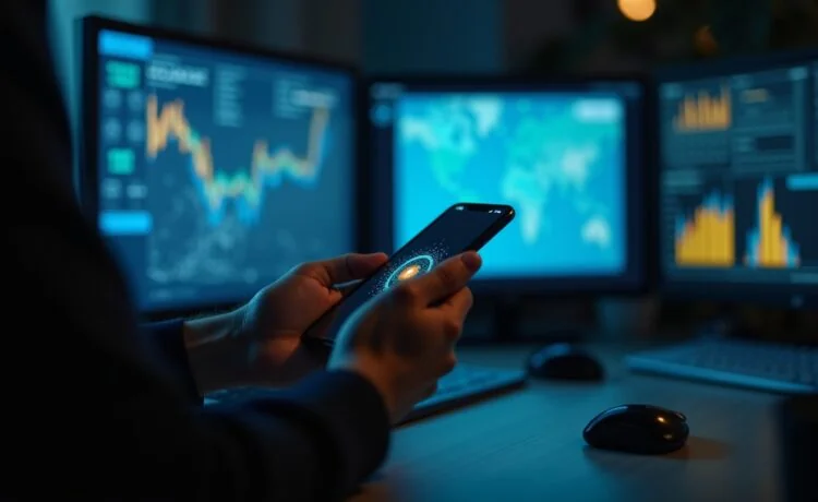 Eine helle, natürlich beleuchtete Szene in einem modernen Ermittlungsbüro: Fokus auf Hände, die ein iPhone mit aktivierter Ortungsfunktion halten, während im Hintergrund unscharf Bildschirme mit Karten und Tracking-Daten zu erkennen sind, die die internationale Zusammenarbeit zwischen Polizei und IT-Experten widerspiegeln – warmes, freundliches Licht schafft eine Atmosphäre von Zuversicht und digitalem Schutz.