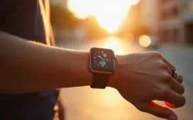 Eine strahlend helle Nahaufnahme eines modernen, stilvoll gestalteten Handgelenks mit einer glänzenden, hochentwickelten Smartwatch, eingefangen in warmem Tageslicht vor einem sanft unscharfen, urbanen Hintergrund, die technologische Evolution von der klassischen digitalen Uhr bis zum smarten Lebensbegleiter auf natürliche und einladende Weise visualisierend.
