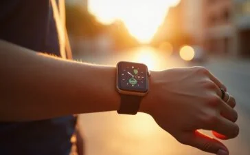Eine strahlend helle Nahaufnahme eines modernen, stilvoll gestalteten Handgelenks mit einer glänzenden, hochentwickelten Smartwatch, eingefangen in warmem Tageslicht vor einem sanft unscharfen, urbanen Hintergrund, die technologische Evolution von der klassischen digitalen Uhr bis zum smarten Lebensbegleiter auf natürliche und einladende Weise visualisierend.