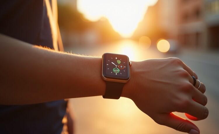 Eine strahlend helle Nahaufnahme eines modernen, stilvoll gestalteten Handgelenks mit einer glänzenden, hochentwickelten Smartwatch, eingefangen in warmem Tageslicht vor einem sanft unscharfen, urbanen Hintergrund, die technologische Evolution von der klassischen digitalen Uhr bis zum smarten Lebensbegleiter auf natürliche und einladende Weise visualisierend.