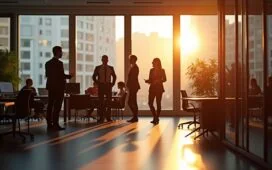 Ein lichtdurchflutetes, modernes Büro mit freundlichen europäischen Fachleuten in angeregtem Austausch vor großen Fenstern, die sanftes Tageslicht hereinlassen und die innovative Atmosphäre einer gemeinsamen Technologie-Zukunft aus Prozessoren und Cloudprojekten warm und lebendig widerspiegeln.