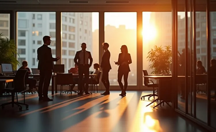 Ein lichtdurchflutetes, modernes Büro mit freundlichen europäischen Fachleuten in angeregtem Austausch vor großen Fenstern, die sanftes Tageslicht hereinlassen und die innovative Atmosphäre einer gemeinsamen Technologie-Zukunft aus Prozessoren und Cloudprojekten warm und lebendig widerspiegeln.