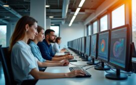 Ein einladendes, lichtdurchflutetes modernes Forschungszentrum mit freundlichen Wissenschaftler:innen in entspannter Teamarbeit vor hochmodernen Quantencomputern und schematischen Modellen eines Fusionsreaktors, eingefangen in natürlichem Tageslicht, das Wärme und Zukunftsoptimismus ausstrahlt.