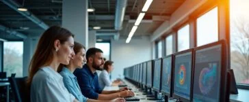 Ein einladendes, lichtdurchflutetes modernes Forschungszentrum mit freundlichen Wissenschaftler:innen in entspannter Teamarbeit vor hochmodernen Quantencomputern und schematischen Modellen eines Fusionsreaktors, eingefangen in natürlichem Tageslicht, das Wärme und Zukunftsoptimismus ausstrahlt.