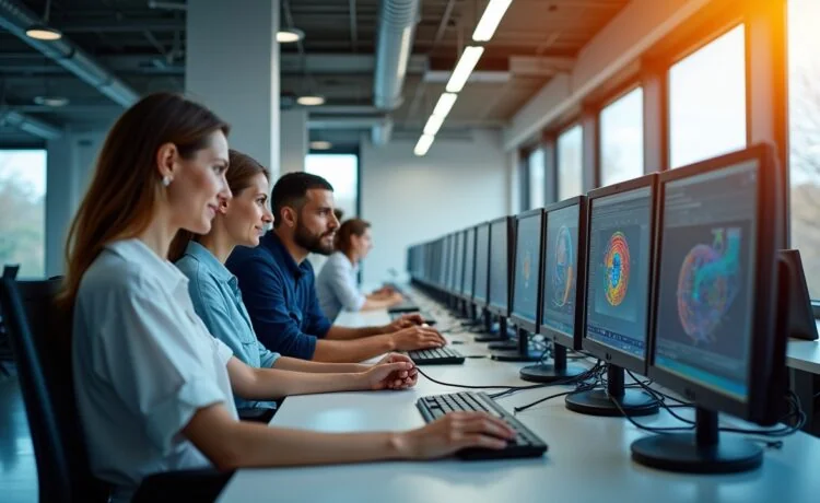 Ein einladendes, lichtdurchflutetes modernes Forschungszentrum mit freundlichen Wissenschaftler:innen in entspannter Teamarbeit vor hochmodernen Quantencomputern und schematischen Modellen eines Fusionsreaktors, eingefangen in natürlichem Tageslicht, das Wärme und Zukunftsoptimismus ausstrahlt.