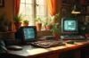 Ein hell erleuchteter Arbeitsplatz mit einem nostalgischen ZX Spectrum und modernen Mikrocontrollern, umgeben von warmem Tageslicht, das eine harmonische Verbindung zwischen Retro-Technik und zeitgenössischer Webinnovation ausstrahlt.