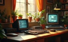 Ein hell erleuchteter Arbeitsplatz mit einem nostalgischen ZX Spectrum und modernen Mikrocontrollern, umgeben von warmem Tageslicht, das eine harmonische Verbindung zwischen Retro-Technik und zeitgenössischer Webinnovation ausstrahlt.