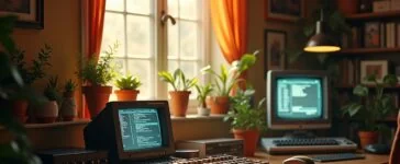 Ein hell erleuchteter Arbeitsplatz mit einem nostalgischen ZX Spectrum und modernen Mikrocontrollern, umgeben von warmem Tageslicht, das eine harmonische Verbindung zwischen Retro-Technik und zeitgenössischer Webinnovation ausstrahlt.