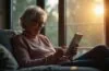 Eine helle, einladende Szene in einem modernen Wohnzimmer, in der eine lächelnde ältere Person mit Tablet entspannt Online-Banking nutzt, während natürliches Licht durch große Fenster strömt und eine warme, vertrauensvolle Atmosphäre vermittelt, die vorsichtigen Umgang mit digitaler Sicherheit symbolisiert.