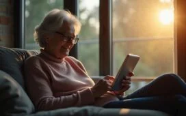 Eine helle, einladende Szene in einem modernen Wohnzimmer, in der eine lächelnde ältere Person mit Tablet entspannt Online-Banking nutzt, während natürliches Licht durch große Fenster strömt und eine warme, vertrauensvolle Atmosphäre vermittelt, die vorsichtigen Umgang mit digitaler Sicherheit symbolisiert.