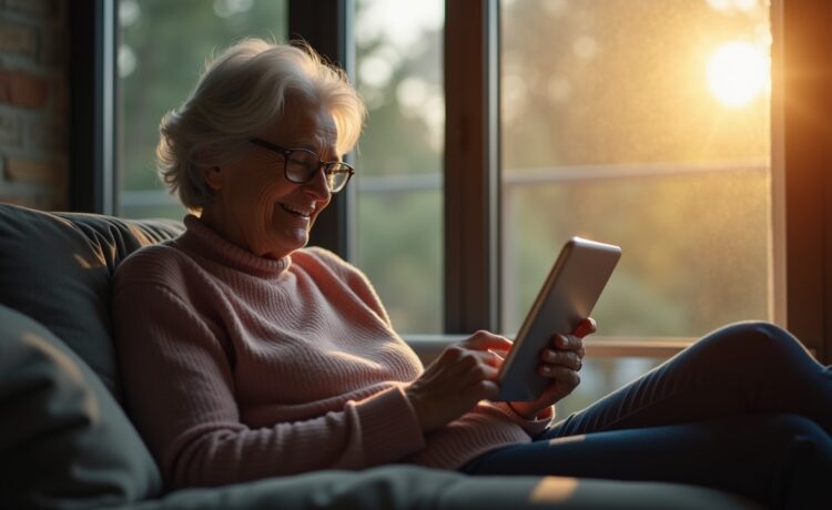 Eine helle, einladende Szene in einem modernen Wohnzimmer, in der eine lächelnde ältere Person mit Tablet entspannt Online-Banking nutzt, während natürliches Licht durch große Fenster strömt und eine warme, vertrauensvolle Atmosphäre vermittelt, die vorsichtigen Umgang mit digitaler Sicherheit symbolisiert.