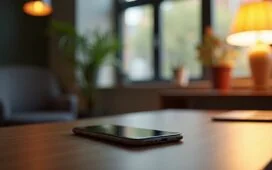 Ein hell erleuchtetes, modernes Büroambiente mit einem stilvoll inszenierten, aufgeklappten Smartphone auf einem Tisch, umgeben von warmem Tageslicht und dezenten technischen Utensilien, das die Spannung und Geduld auf das nächste faltbare iPhone symbolisiert.