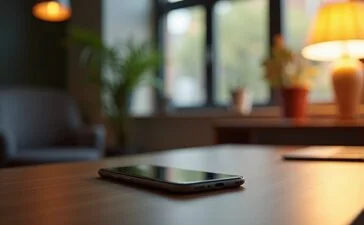 Ein hell erleuchtetes, modernes Büroambiente mit einem stilvoll inszenierten, aufgeklappten Smartphone auf einem Tisch, umgeben von warmem Tageslicht und dezenten technischen Utensilien, das die Spannung und Geduld auf das nächste faltbare iPhone symbolisiert.