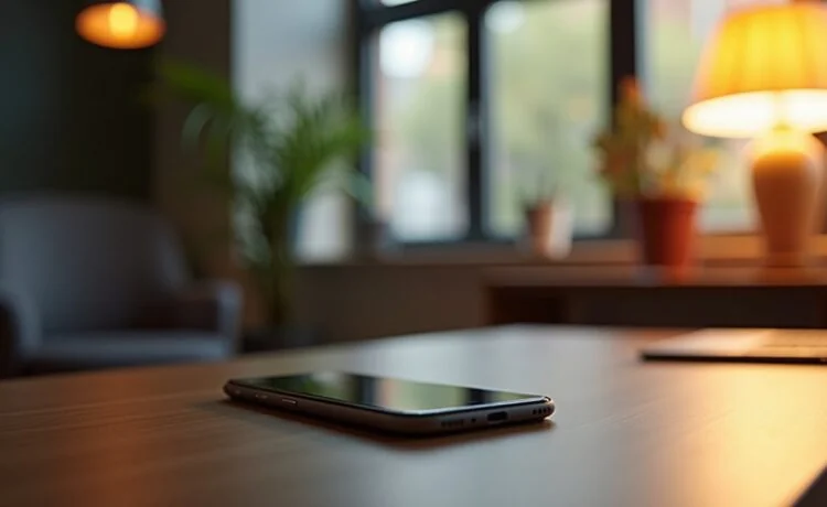 Ein hell erleuchtetes, modernes Büroambiente mit einem stilvoll inszenierten, aufgeklappten Smartphone auf einem Tisch, umgeben von warmem Tageslicht und dezenten technischen Utensilien, das die Spannung und Geduld auf das nächste faltbare iPhone symbolisiert.