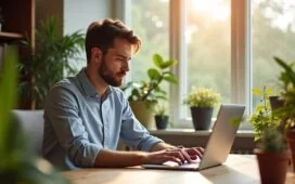 Ein sonnendurchflutetes Büro mit einem konzentrierten Webentwickler, der an einem modernen Laptop arbeitet, umgeben von aufgeräumten Pflanzen und warmen Holzmöbeln, strahlt nachhaltige Professionalität, technische Sorgfalt und digitale Sicherheit aus.