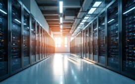 Ein strahlend helles, realistisch beleuchtetes Rechenzentrum mit modernster Hardware, in dem warmes Tageslicht durch große Fenster fällt und die ruhige, zukunftsweisende Atmosphäre nachhaltiger Technologie und energieeffizienter KI-Innovation vermittelt.