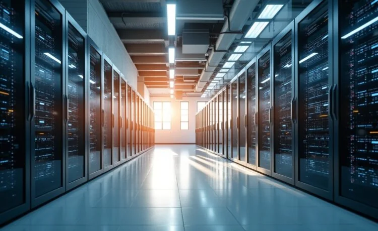 Ein strahlend helles, realistisch beleuchtetes Rechenzentrum mit modernster Hardware, in dem warmes Tageslicht durch große Fenster fällt und die ruhige, zukunftsweisende Atmosphäre nachhaltiger Technologie und energieeffizienter KI-Innovation vermittelt.