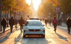 Ein sonnendurchflutetes Stadtbild mit einem eleganten, modernen Robotaxi von Waymo, das sicher und gelassen durch eine belebte, vielfältige Straßenszene mit Fußgängern und Radfahrern gleitet, während warme Lichtreflexe auf den glänzenden Karosserien und lebendige urbane Details eine freundliche, vertrauensvolle Atmosphäre schaffen.